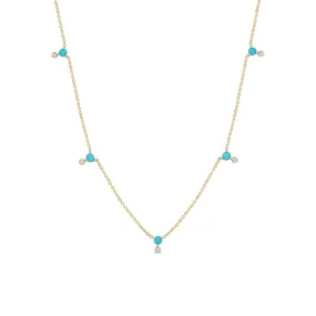 14k Stacked Prong Turquoise & Diamond Station Necklace