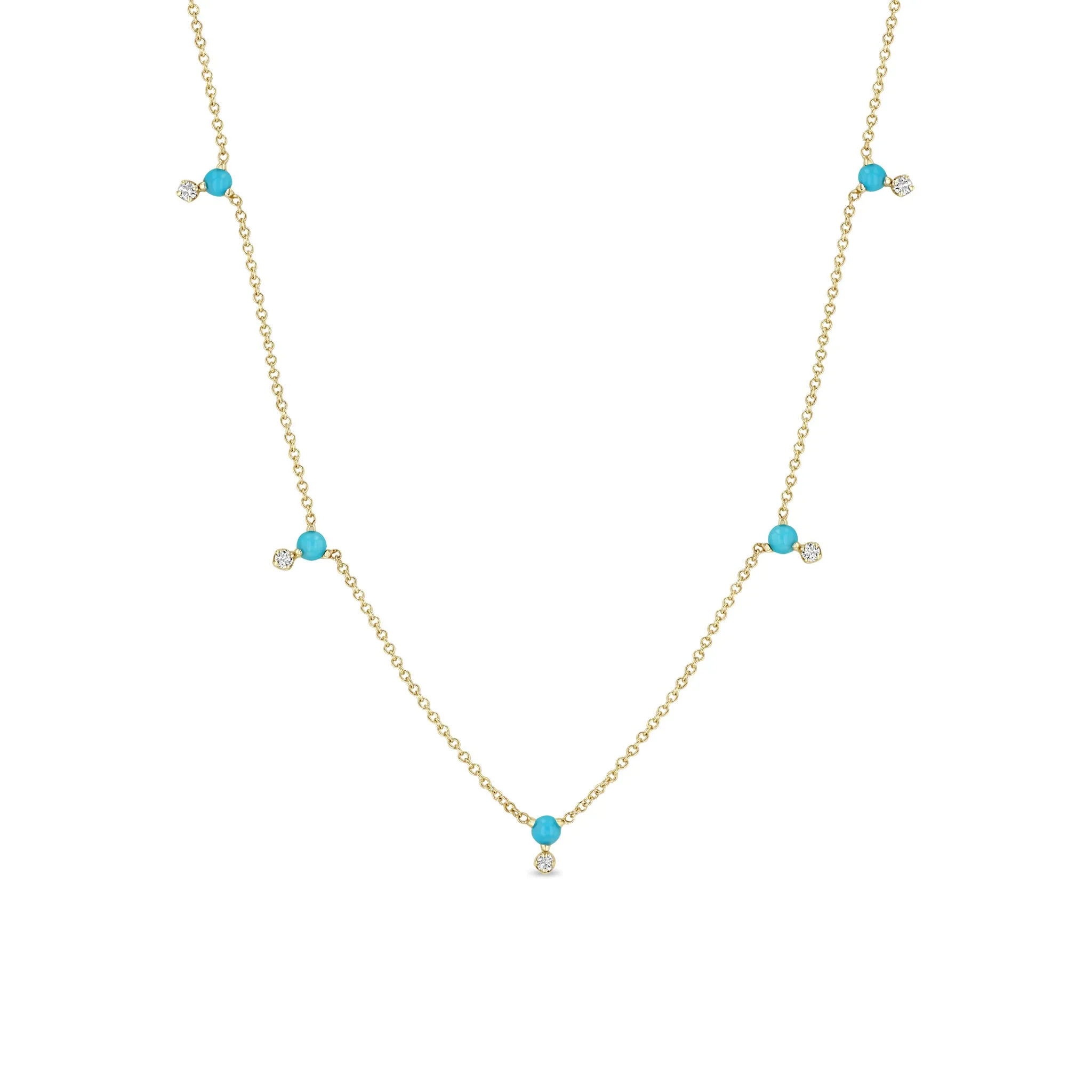 14k Stacked Prong Turquoise & Diamond Station Necklace