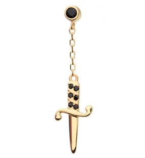 14kt Gold Dagger Dangle Black CZ Threadless Top