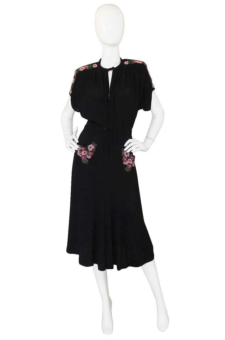 1940s Spectacular Beaded Silk Crepe Swing Dress