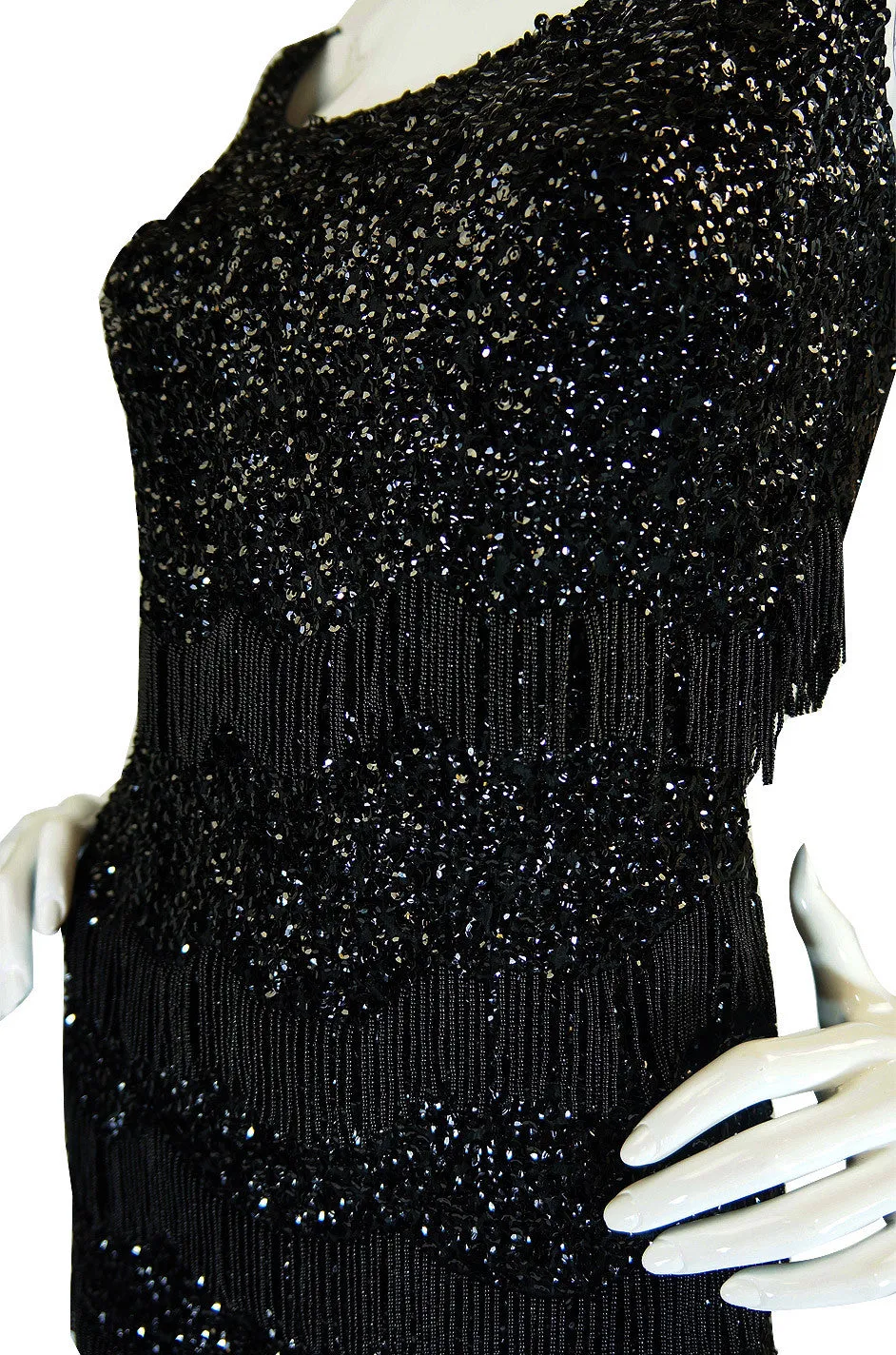 1950s Fully Sequined Fringe Black Dress