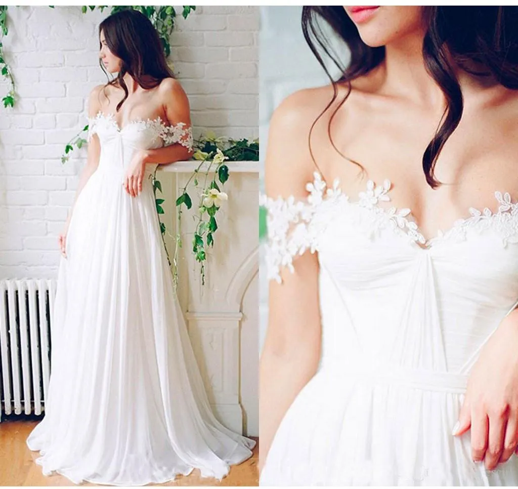 A Line Chiffon Sweetheart Lace Off the Shoulder Beach Wedding Dresses with Pleats JS276