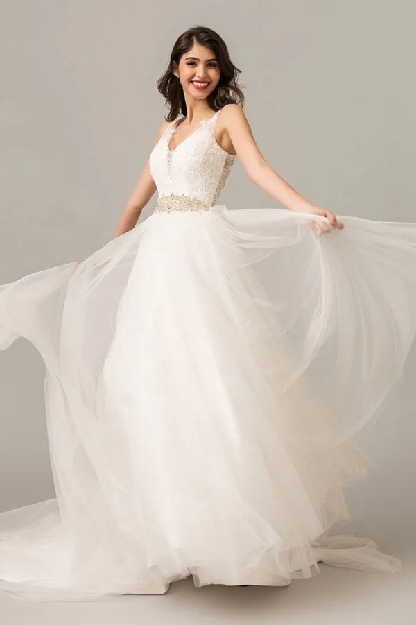 A Line Court Train V Neck Sleeveless Layers Wedding Dresses