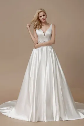 A Line Court Train V Neck Sleeveless Sheer Back Wedding Gown