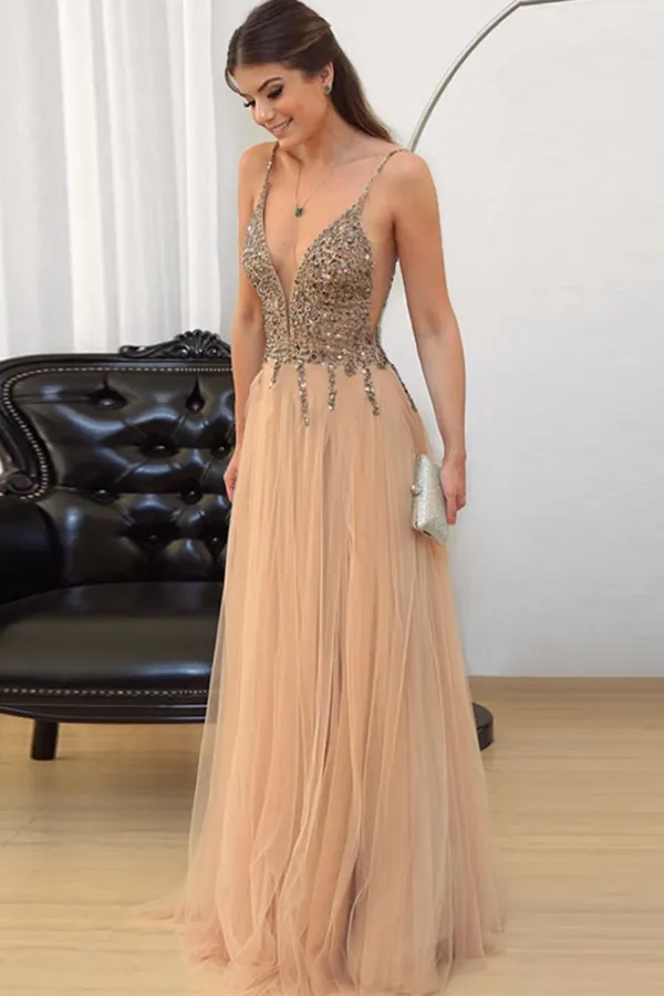 A Line Floor Length Deep V Neck Straps Sleeveless Tulle Prom Dresses