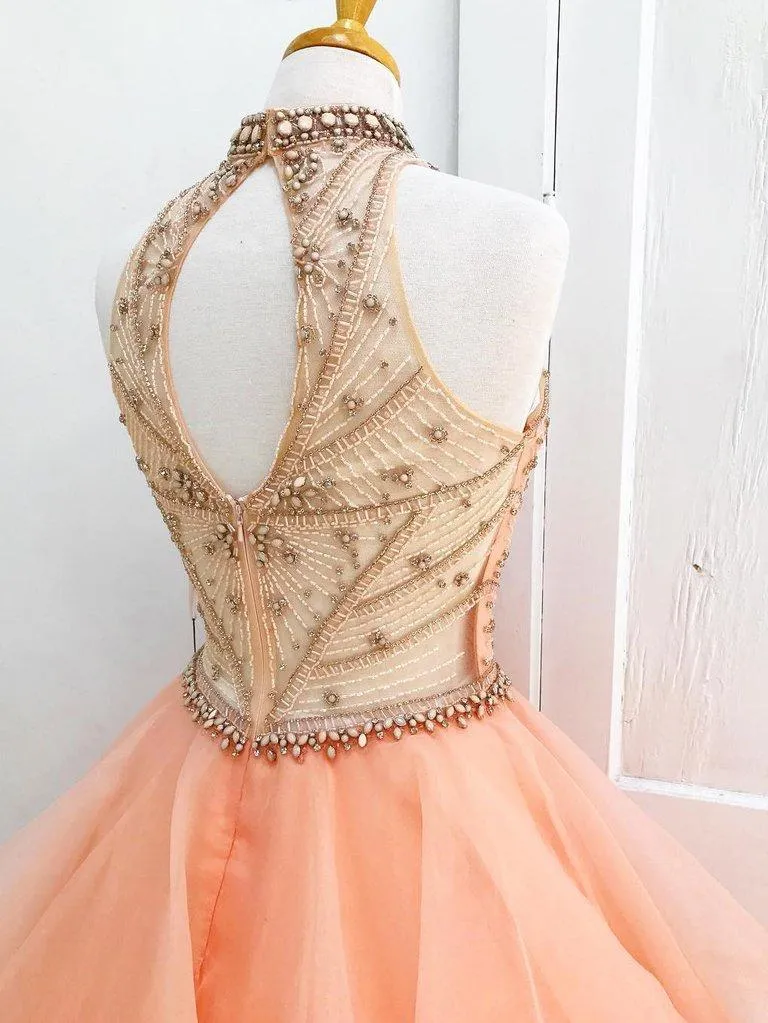 A-line High Neck Beaded Pink Tulle Prom Dress ,Cheap Prom Dresses,PDY0407