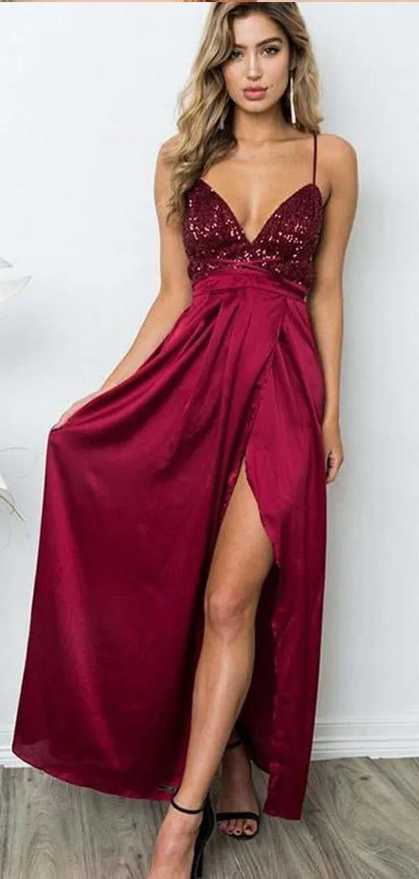 A-Line Spaghetti Straps Burgundy Long Prom Dress With Sequins,Cheap Prom Dresses,PDY0534