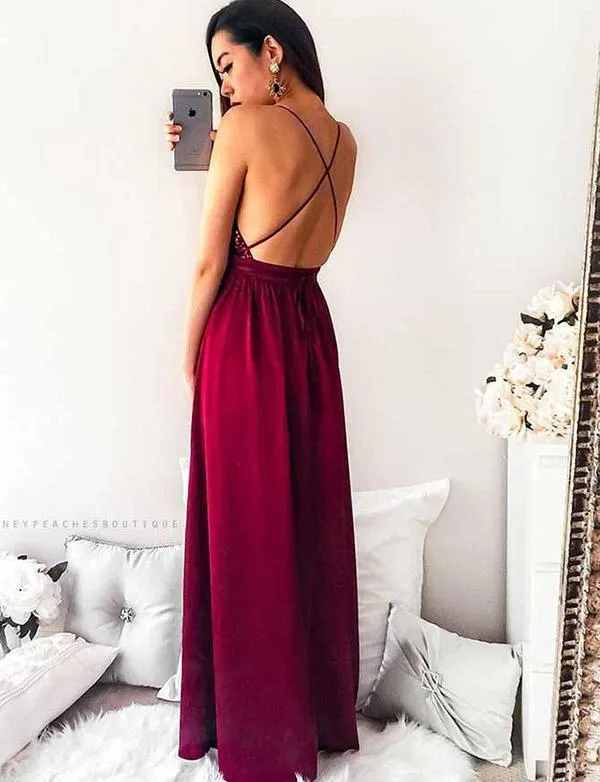 A-Line Spaghetti Straps Burgundy Long Prom Dress With Sequins,Cheap Prom Dresses,PDY0534