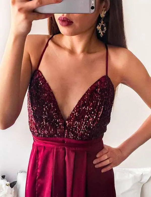 A-Line Spaghetti Straps Burgundy Long Prom Dress With Sequins,Cheap Prom Dresses,PDY0534