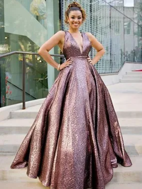 A-line V-neck Chocolate Satin Long Prom Dresses,Cheap Prom Dresses,PDY0458