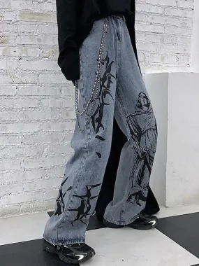 Abstract Print Hip Denim Pants  2021 New Summer Wide Leg  Wash Jeans