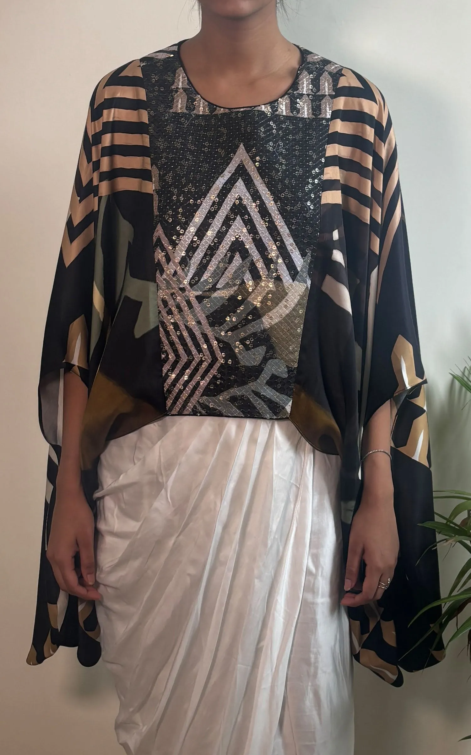 Abstract Printed & Sequined Draped Top