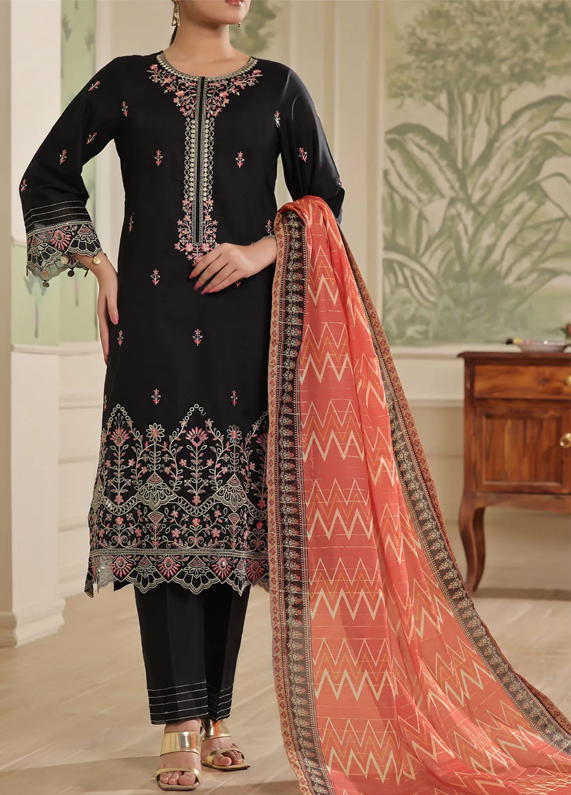 Anmol By VS Textile Embroidered Lawn With Fancy Zari Dupatta 3 Piece Unstitched Suit VS24AELFZD D-1010