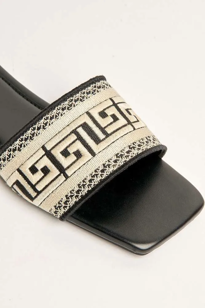 Azzam Square Toe Aztec Print Sliders in Black