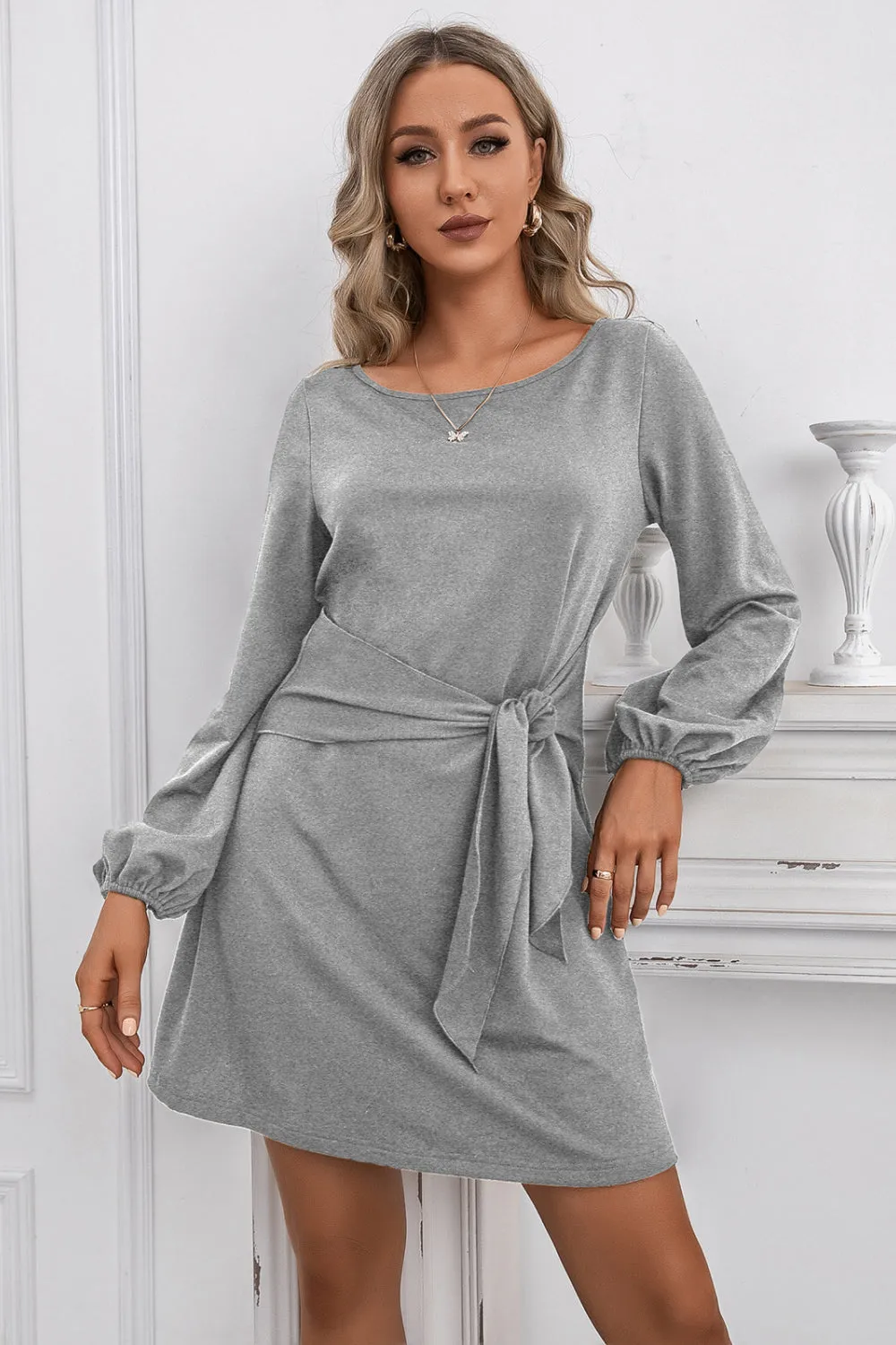 Balloon Sleeve Knot Waist Dress