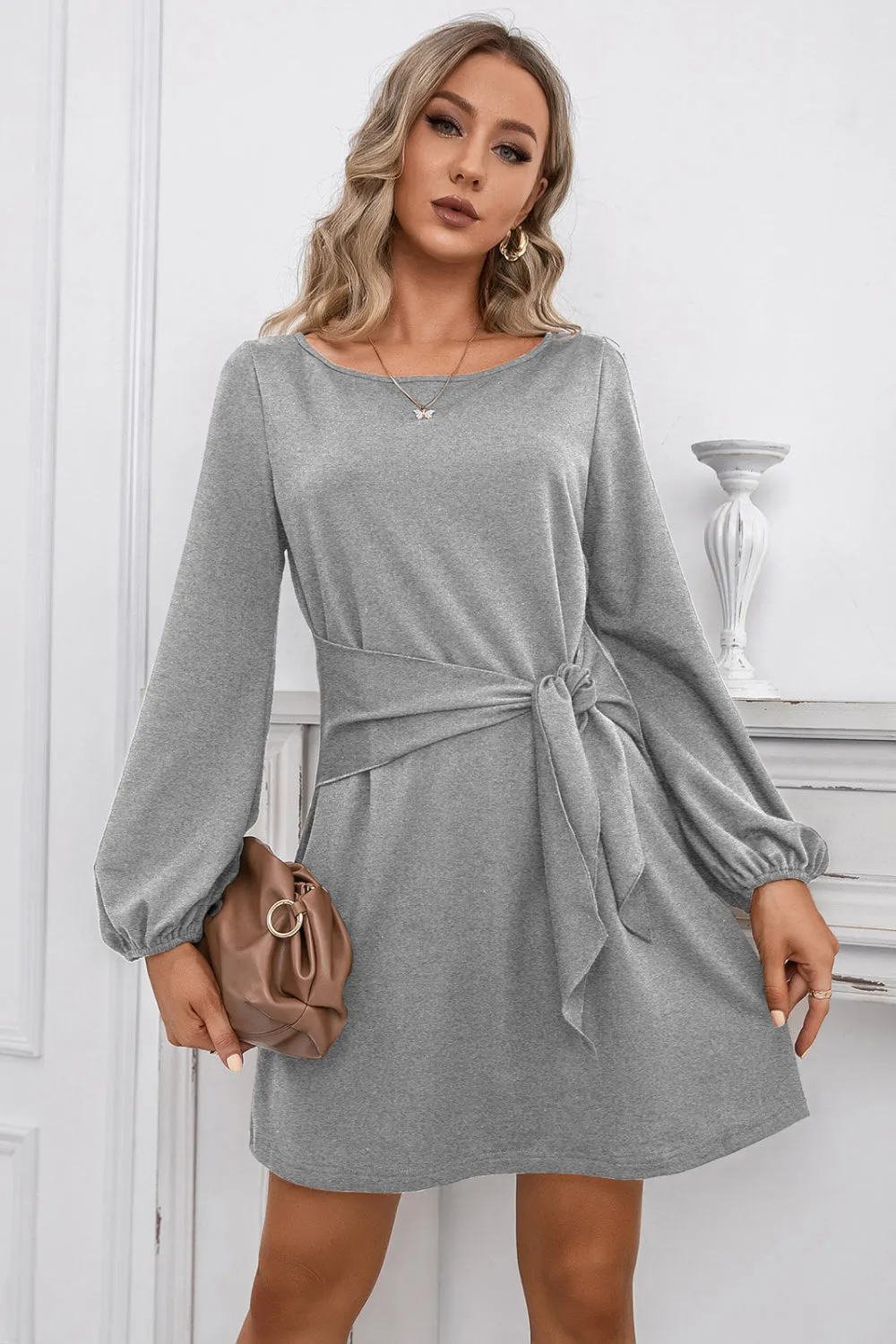 Balloon Sleeve Knot Waist Dress