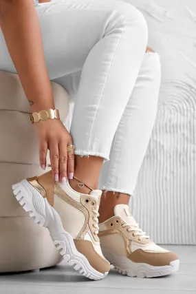 BEATRICE - Sneakers beige con pannelli a contrasto oro