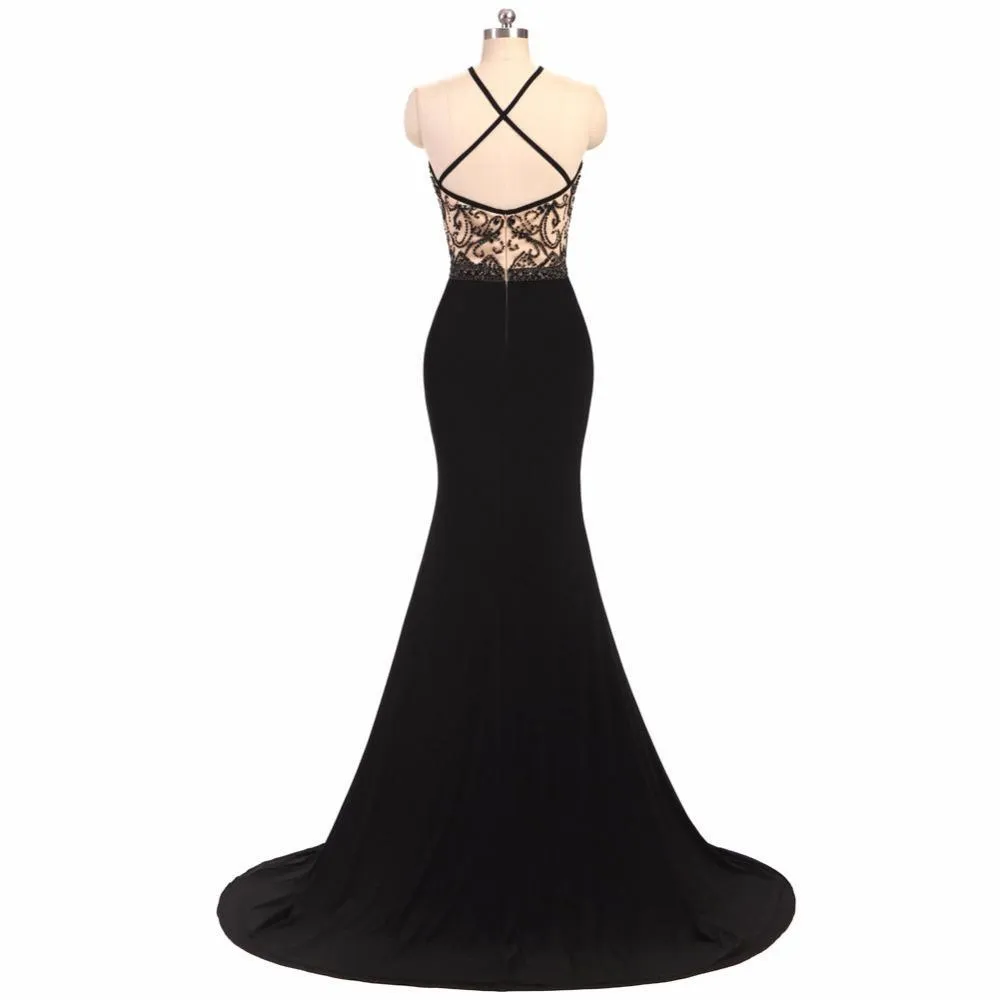 Black Beaded Jersey Sexy See Through Side Slit Mermaid Prom Dresses, BG0357