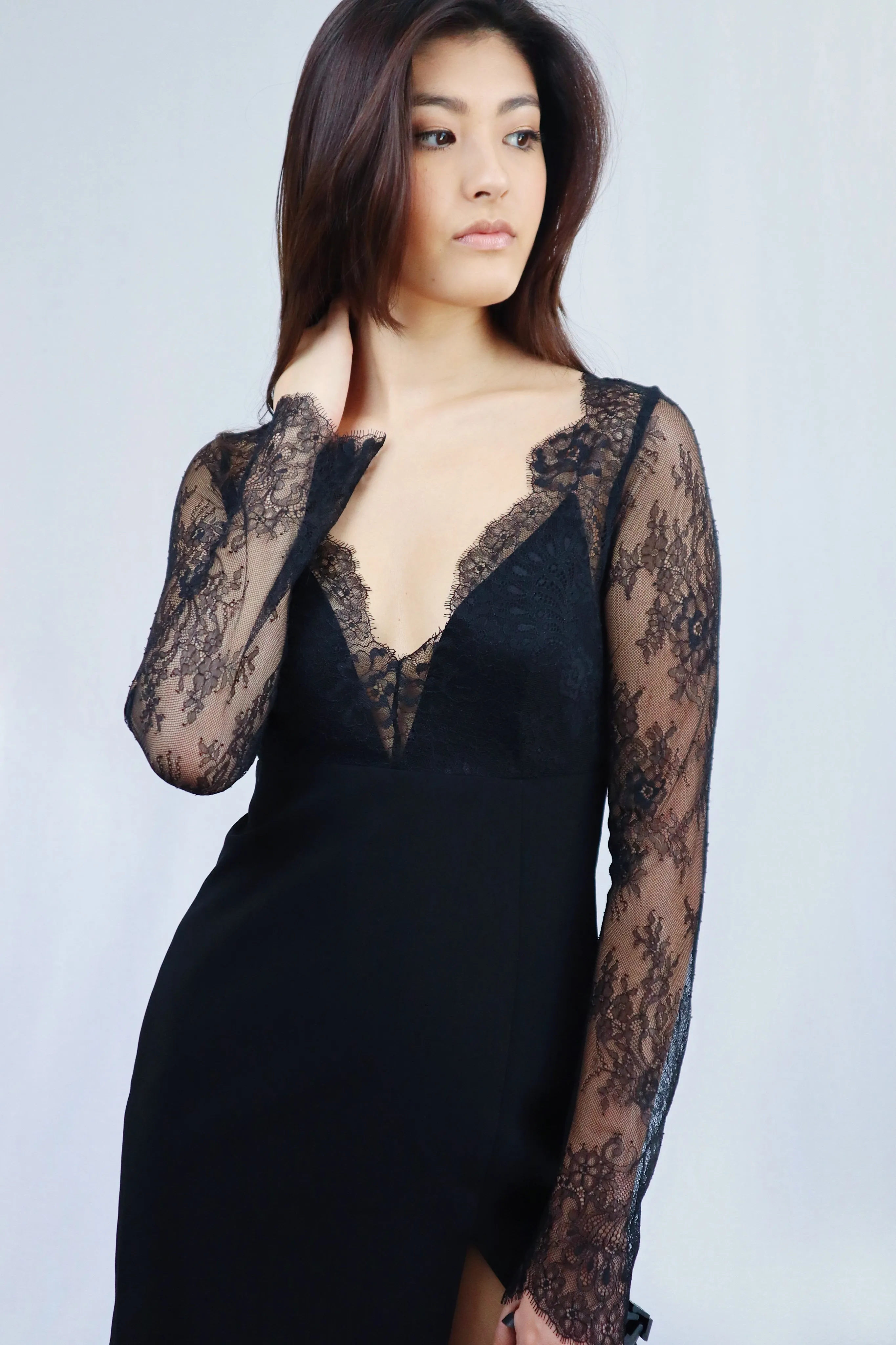 Black Plunging Long Sleeve Dress