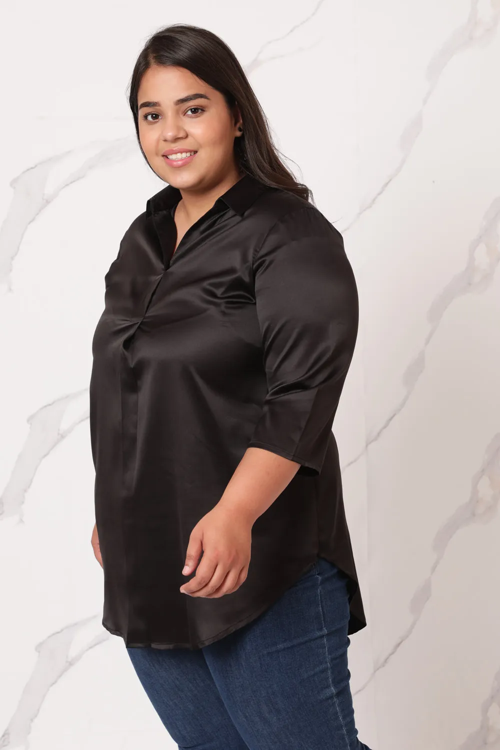 Black Satin Centre Pleat Top