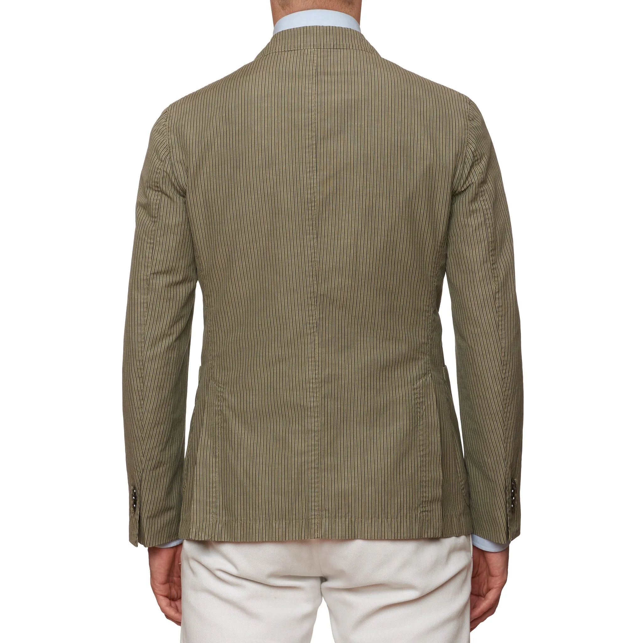 BOGLIOLI "K. Jacket" Khaki Striped Cotton-Linen-Mohair Peak lapel Jacket 48 NEW US 38