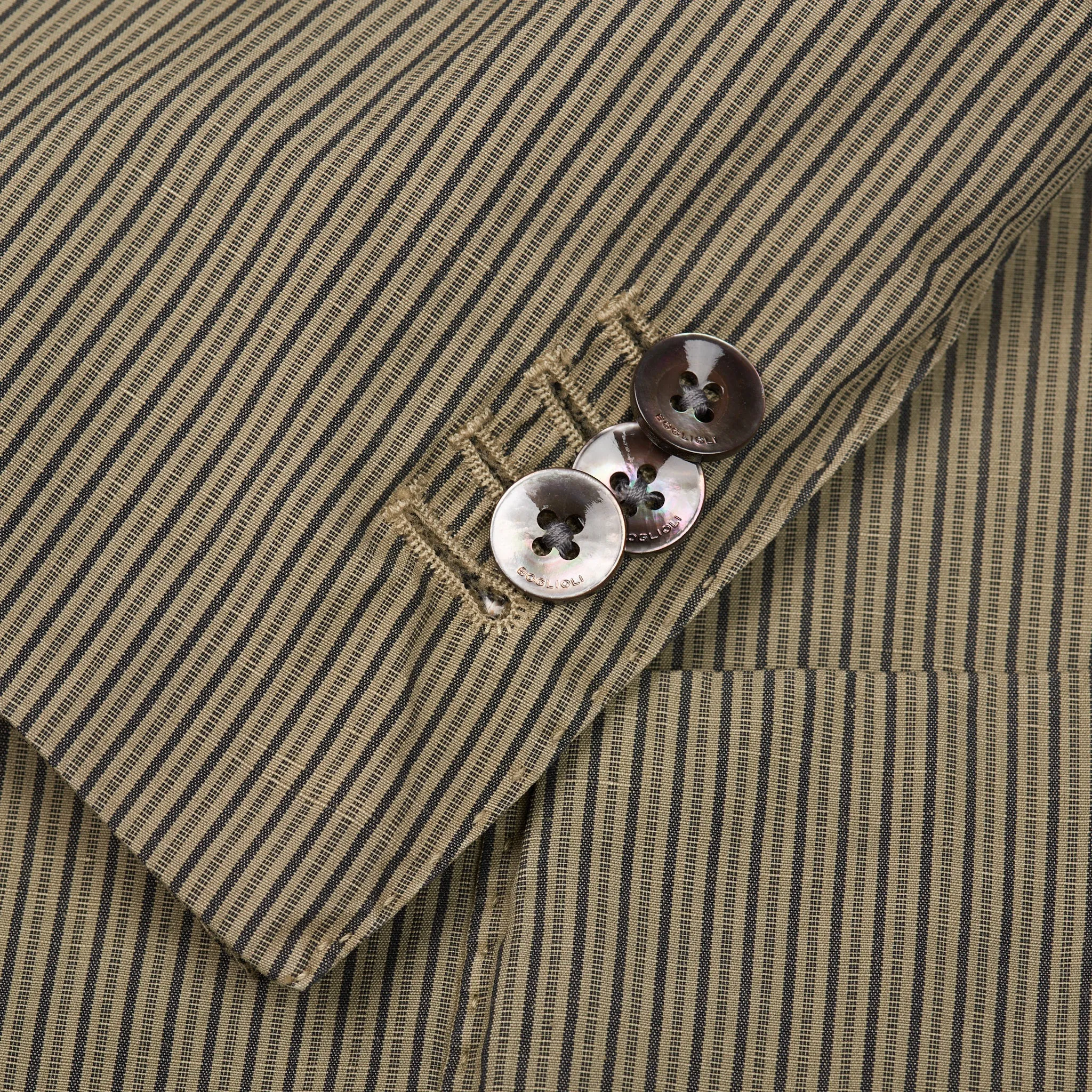 BOGLIOLI "K. Jacket" Khaki Striped Cotton-Linen-Mohair Peak lapel Jacket 48 NEW US 38