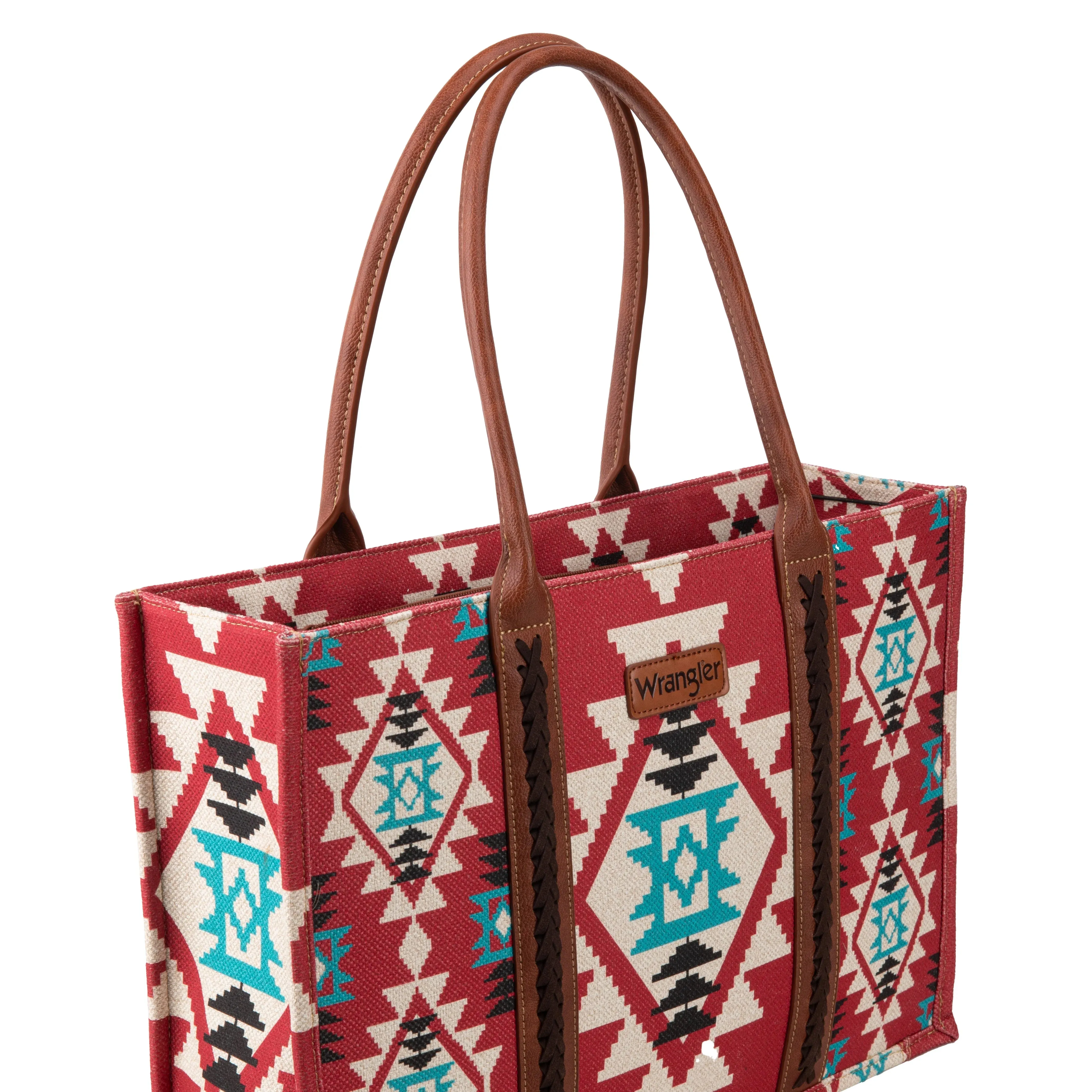 BURGANDY AZTEC CANVAS/LEATHER WRANGLER TOTE