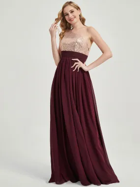 Burgundy One-Shoulder Sleeveless Chiffon Sequin Maxi Bridesmaid Dress