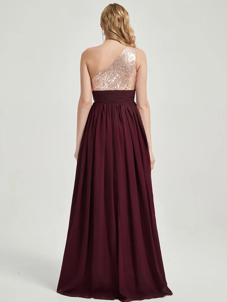 Burgundy One-Shoulder Sleeveless Chiffon Sequin Maxi Bridesmaid Dress