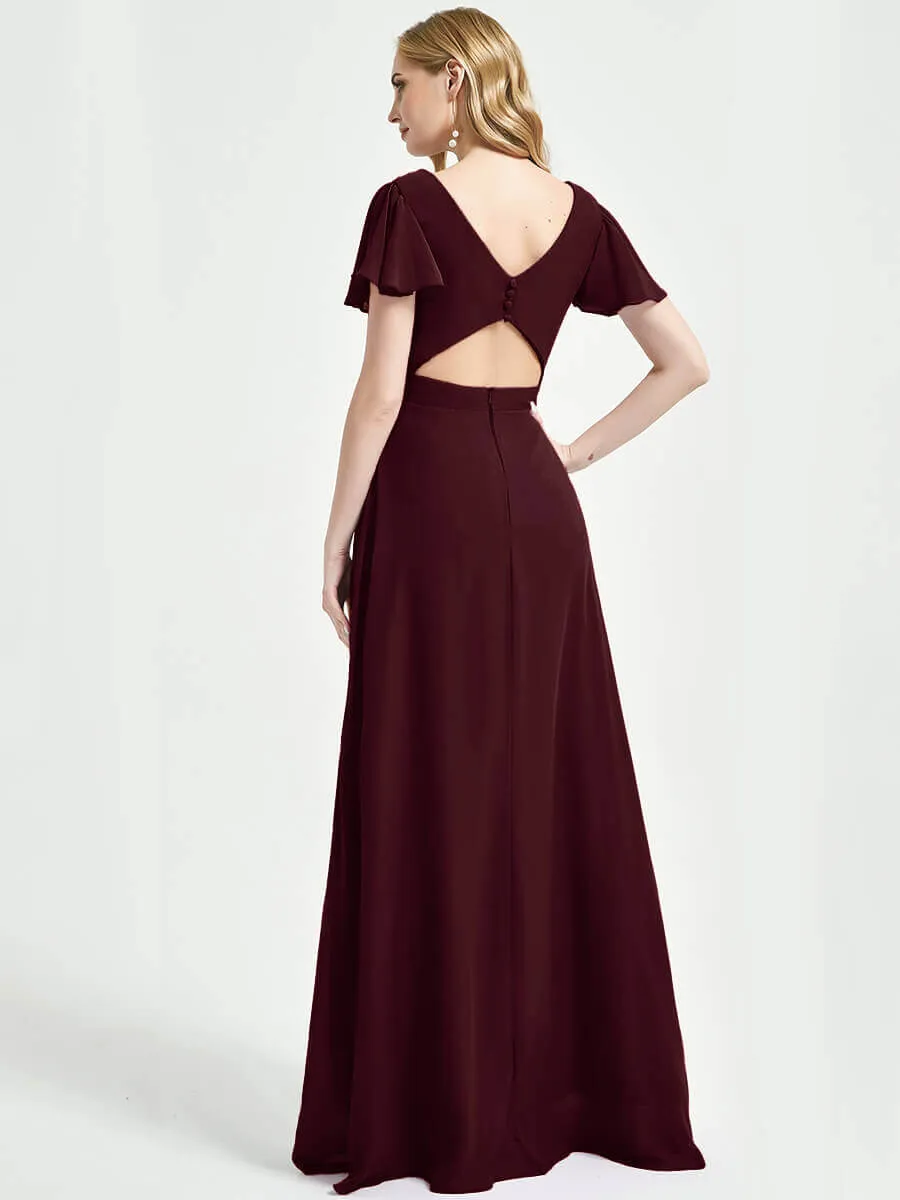 Burgundy Ruffle Sleeve Backless A-Line Chiffon Empire Bridesmaid Dress