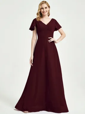 Burgundy Ruffle Sleeve Backless A-Line Chiffon Empire Bridesmaid Dress