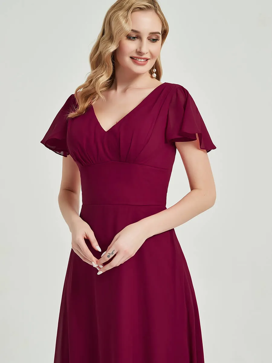 Burgundy Ruffle Sleeve Backless A-Line Chiffon Empire Bridesmaid Dress