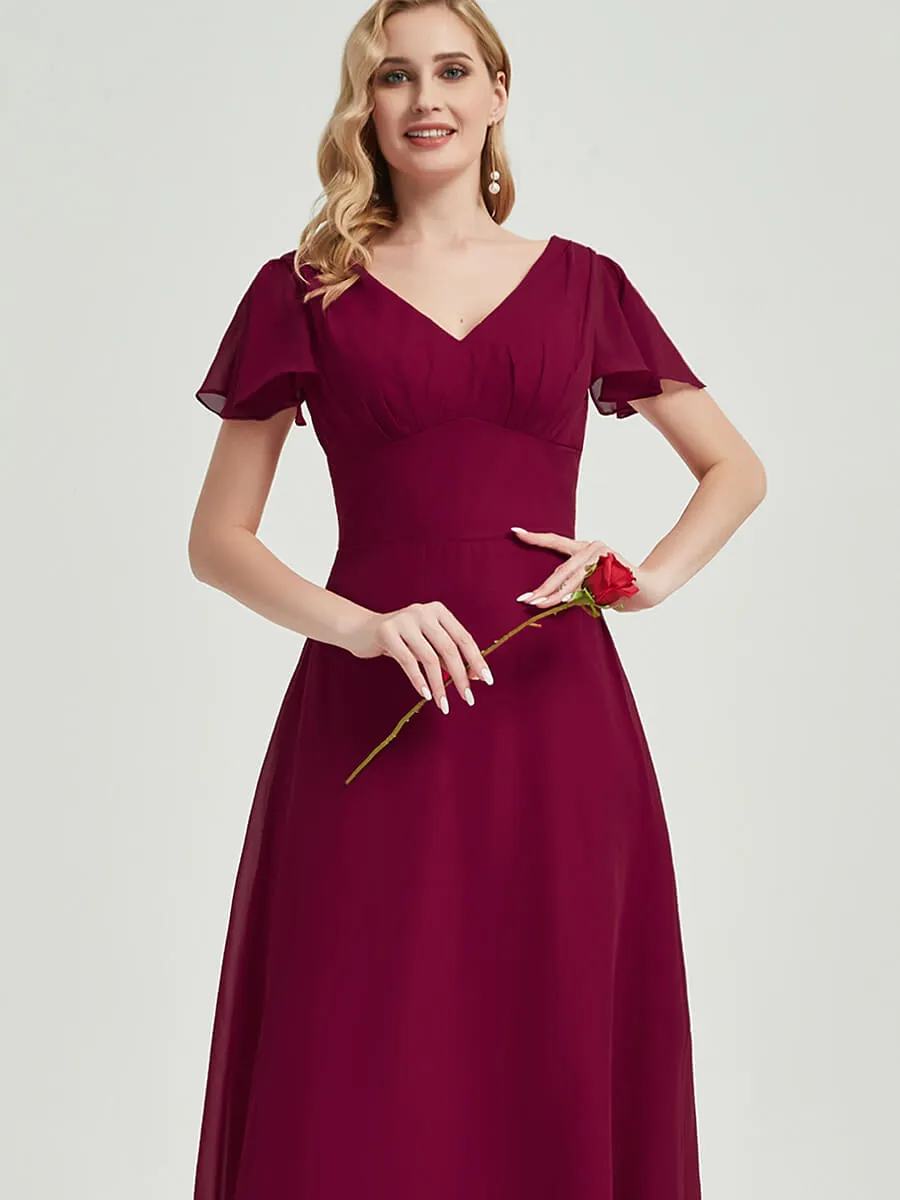 Burgundy Ruffle Sleeve Backless A-Line Chiffon Empire Bridesmaid Dress