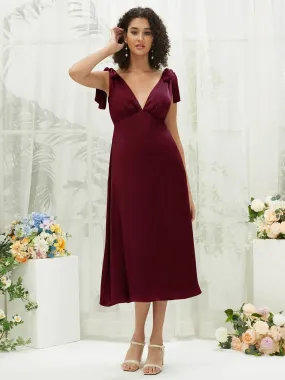 Burgundy V-Neck Detachable Bow Straps V-Neck Silk Satin Convertible Bridesmaid Dress Tea Length