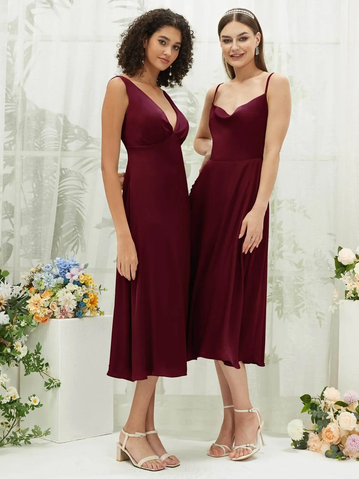 Burgundy V-Neck Detachable Bow Straps V-Neck Silk Satin Convertible Bridesmaid Dress Tea Length