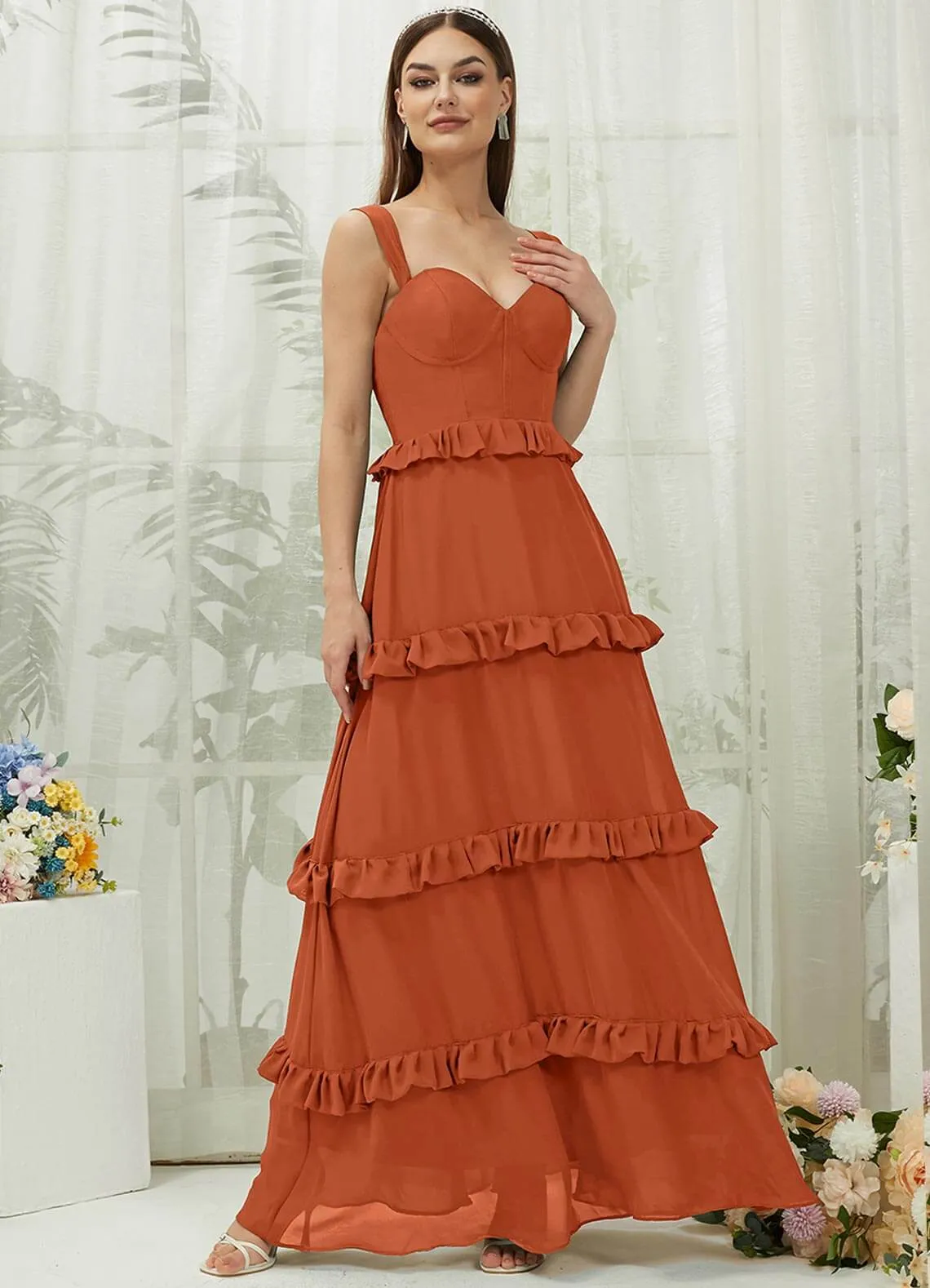 Burnt Orange Chiffon Sweetheart Straps Tiered Maxi Bridesmaid Dresses