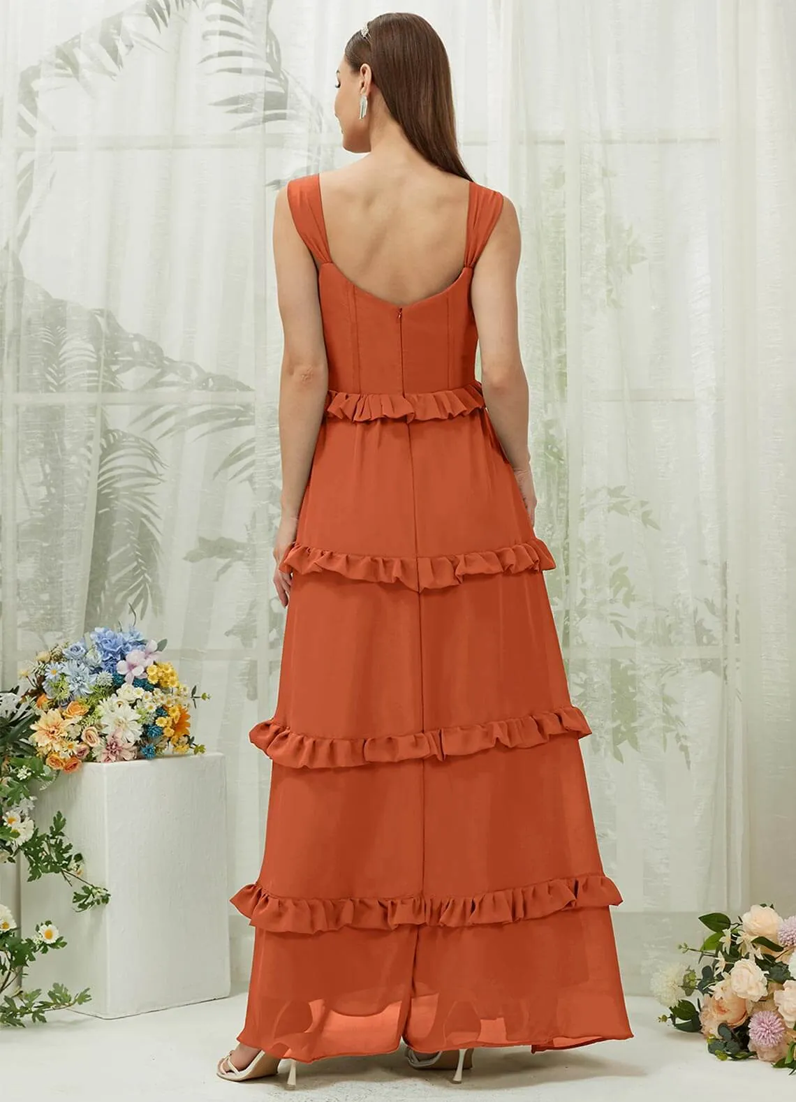 Burnt Orange Chiffon Sweetheart Straps Tiered Maxi Bridesmaid Dresses