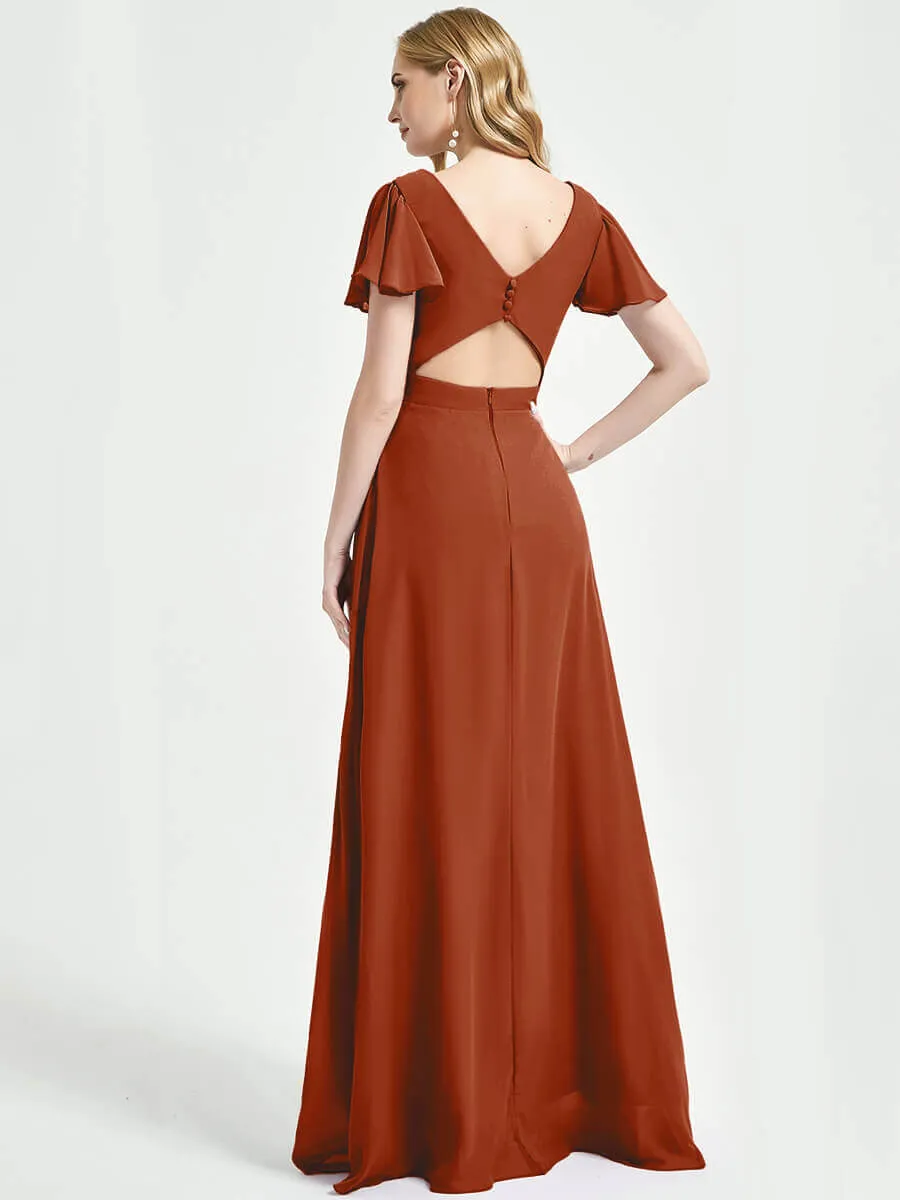 Burnt Orange Ruffle Sleeve Backless Chiffon Empire Bridesmaid Dress