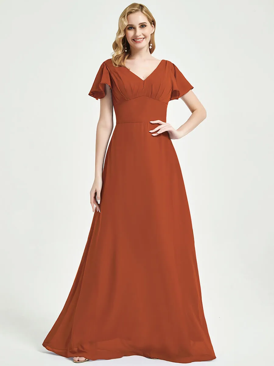 Burnt Orange Ruffle Sleeve Backless Chiffon Empire Bridesmaid Dress