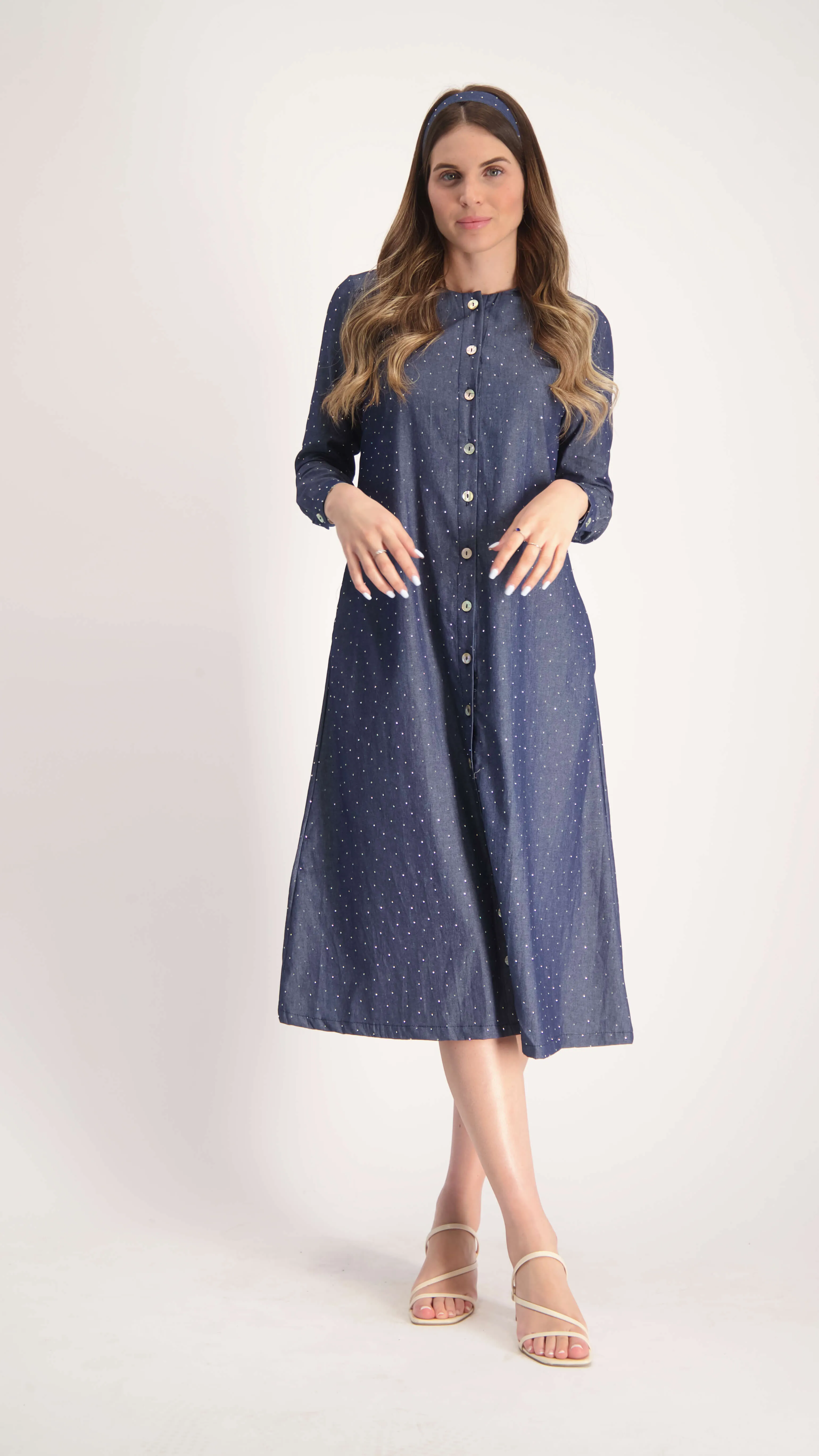 Button Dress With Belt / Navy jeans Nitti