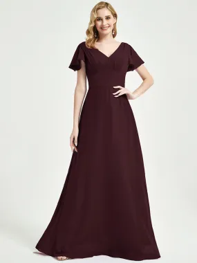 Cabernet Ruffle Sleeve Backless Maxi Chiffon Empire Bridesmaid Dress