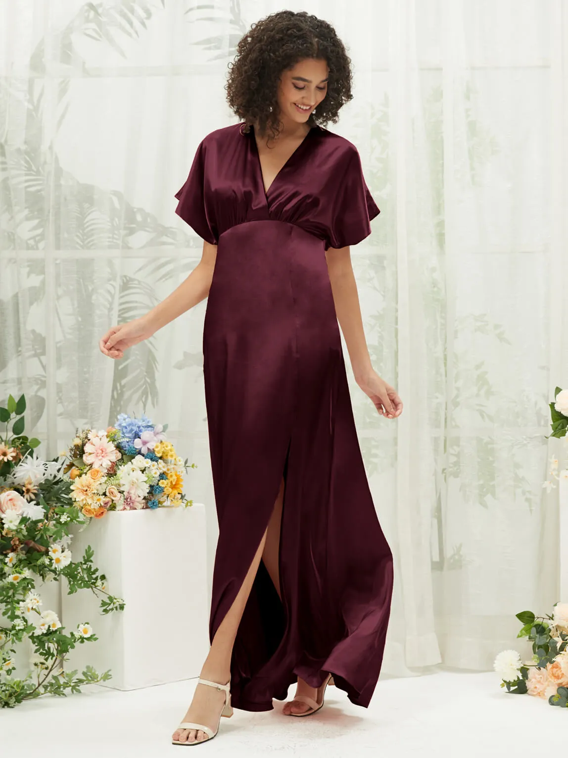 Cabernet V-Neck Short Sleeve Satin Maxi Bridesmaid Dress With Slit