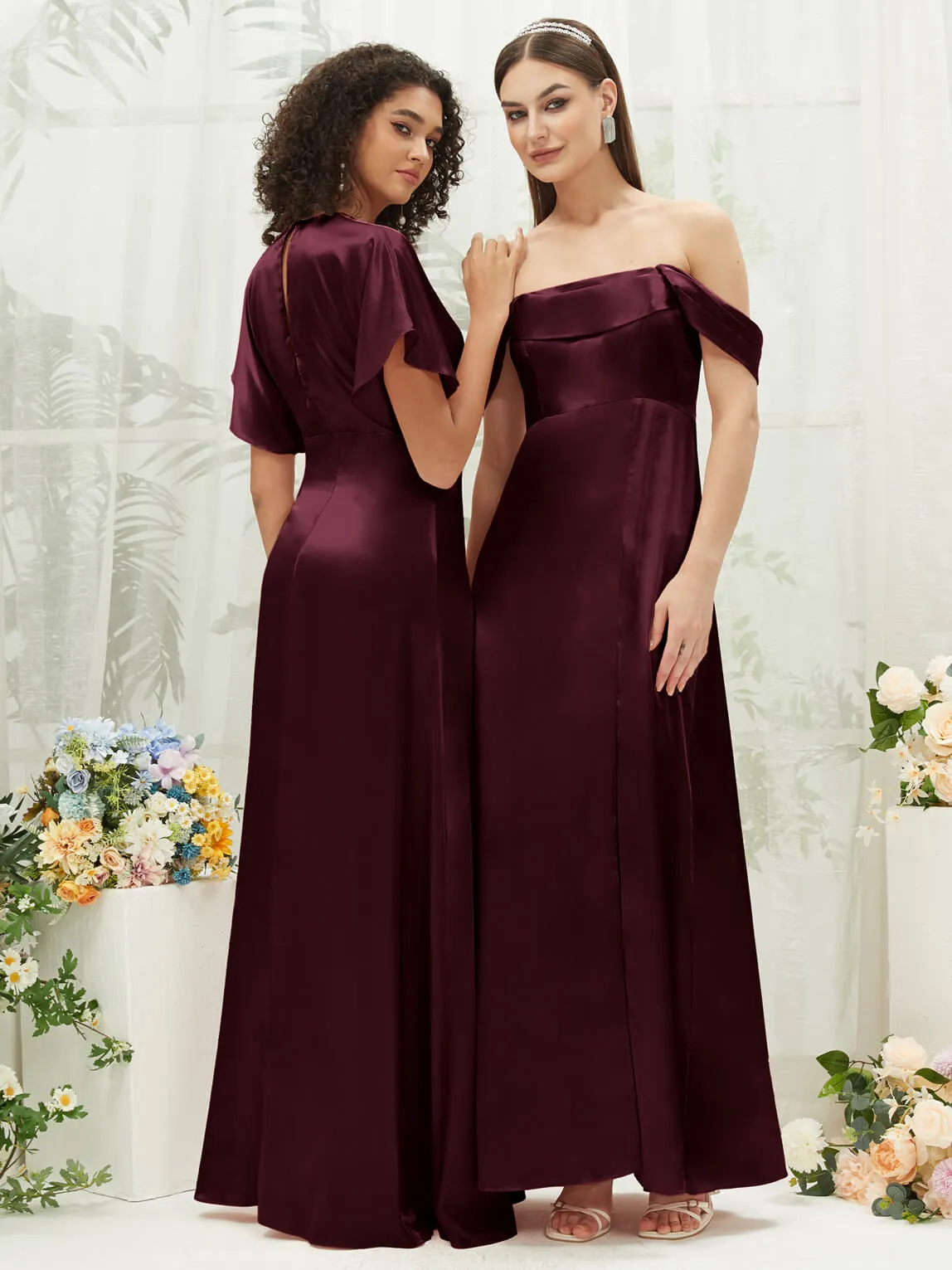 Cabernet V-Neck Short Sleeve Satin Maxi Bridesmaid Dress With Slit