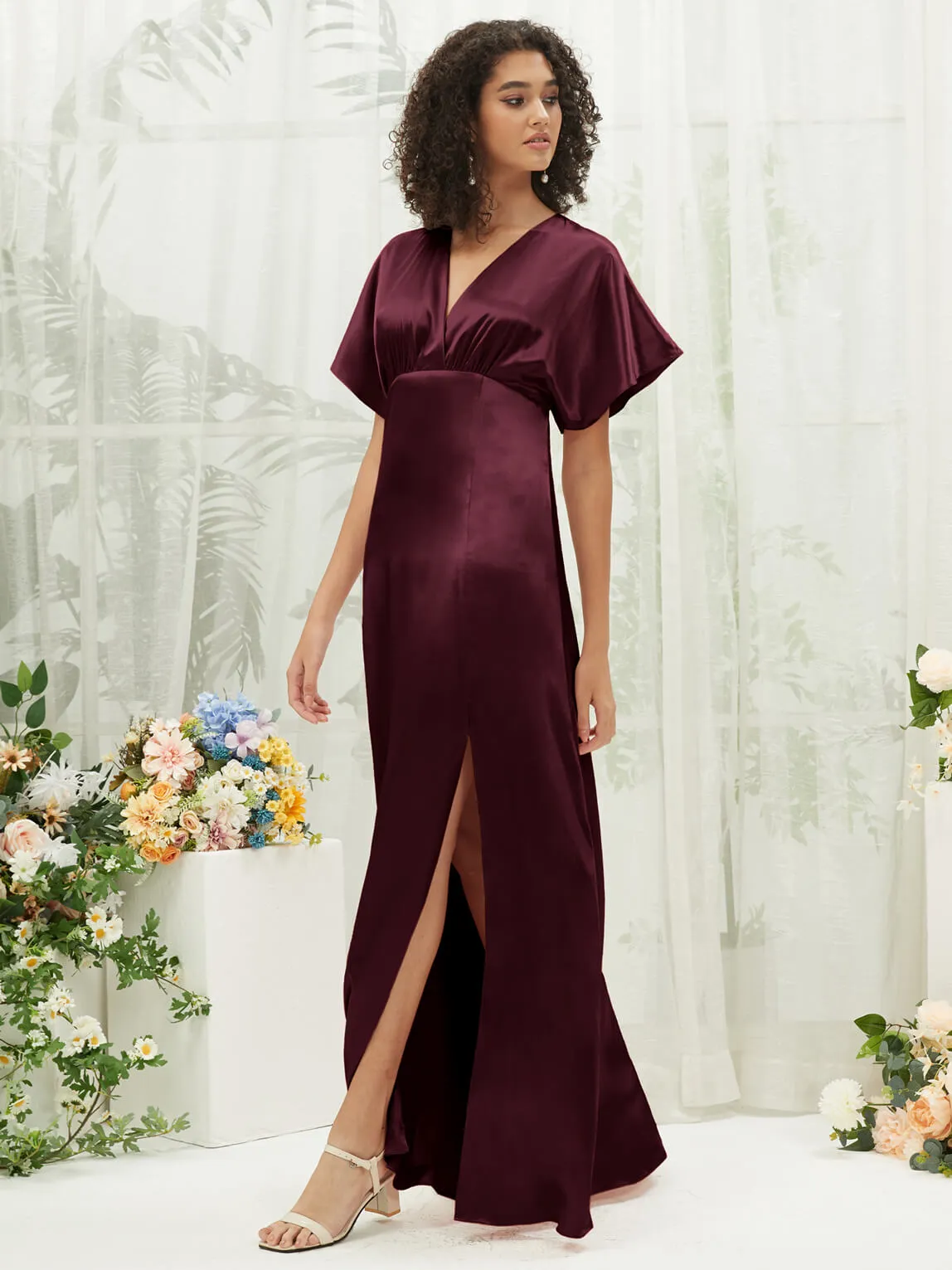 Cabernet V-Neck Short Sleeve Satin Maxi Bridesmaid Dress With Slit