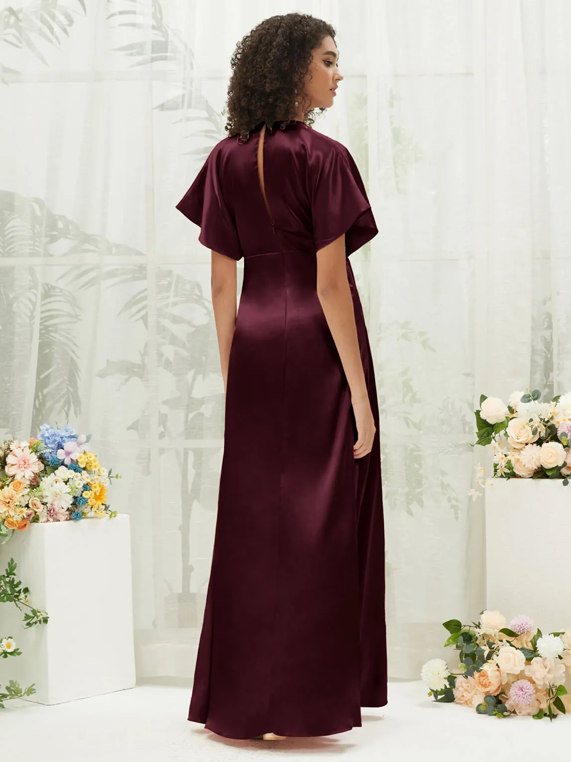 Cabernet V-Neck Short Sleeve Satin Maxi Bridesmaid Dress With Slit