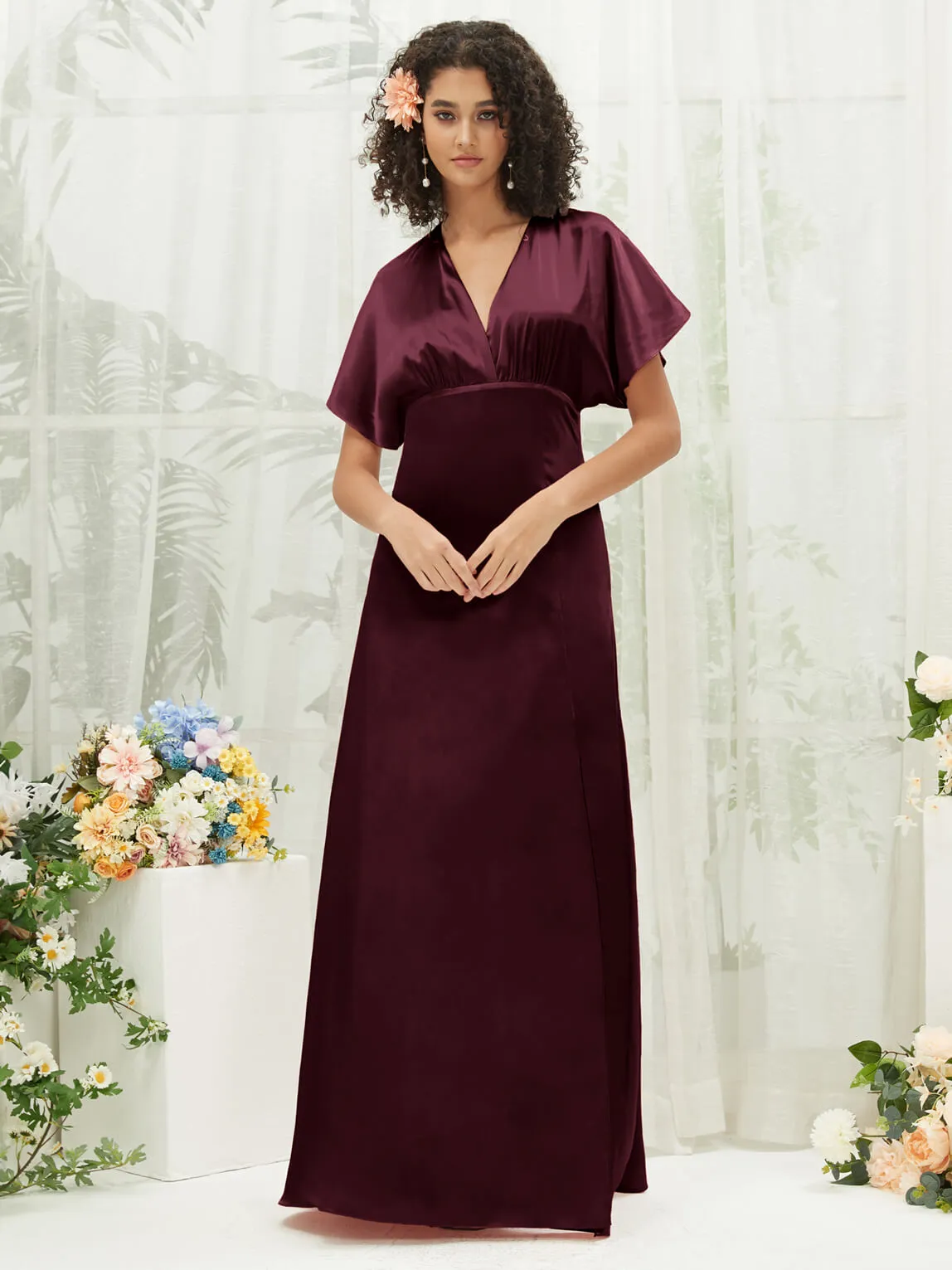 Cabernet V-Neck Short Sleeve Satin Maxi Bridesmaid Dress With Slit