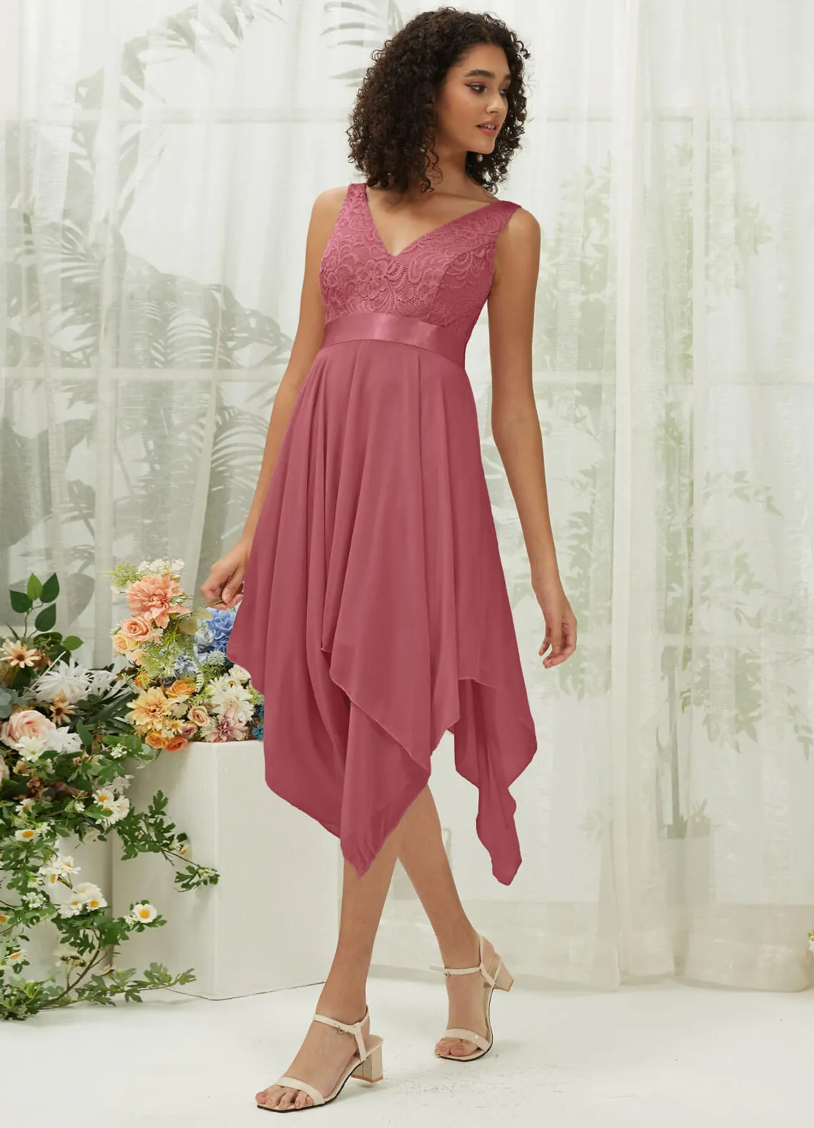 Canyon Rose Lace V-Neck Sleeveless Midi Length Chiffon Flowy Bridesmaid Dresses