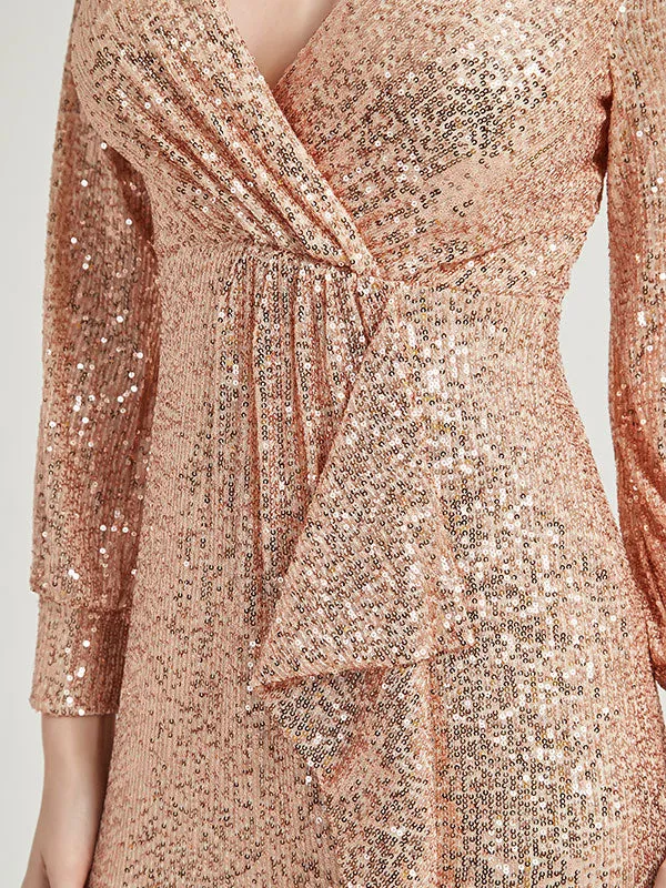 Champagne Gold Sequin Long Sleeves Maxi Mermaid Evening Dress With Slit