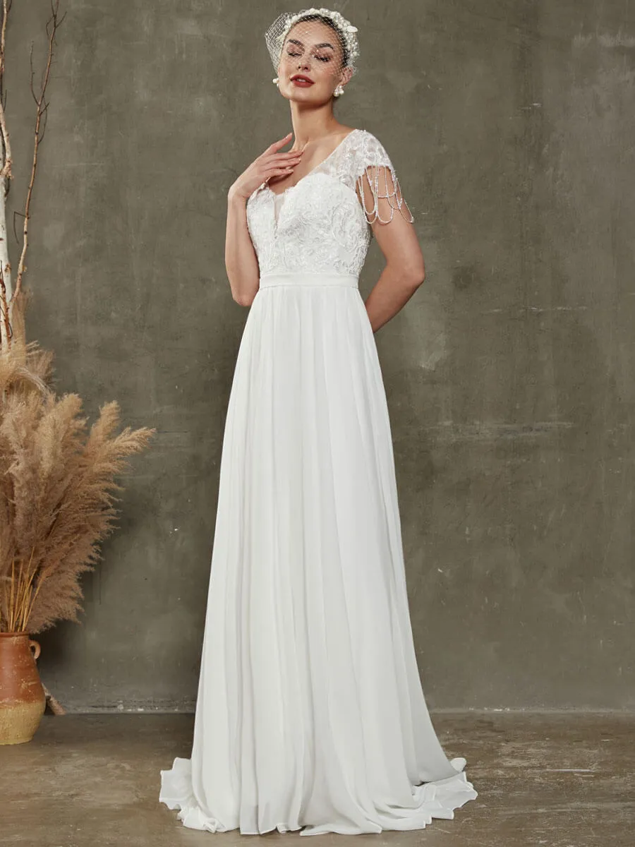 Chiffon Short Cap Sleeve Lace Tassels Flowing Wedding Dress For Brides