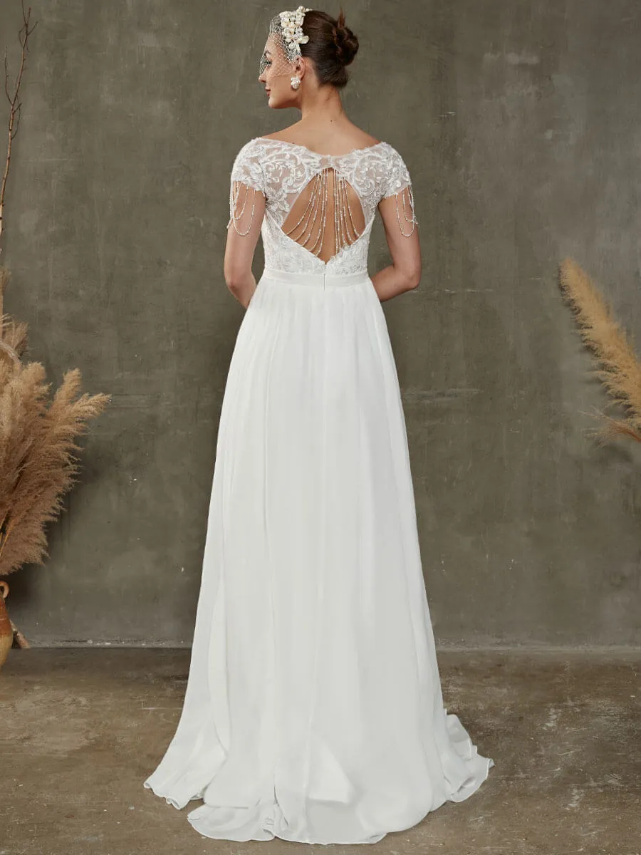 Chiffon Short Cap Sleeve Lace Tassels Flowing Wedding Dress For Brides